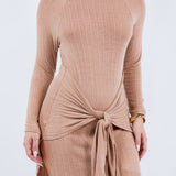 Front Tie Midi Knit Long Sleeve Dress
