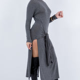 Front Tie Midi Knit Long Sleeve Dress