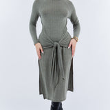 Front Tie Midi Knit Long Sleeve Dress