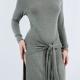 Front Tie Midi Knit Long Sleeve Dress