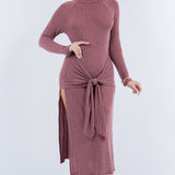 Front Tie Midi Knit Long Sleeve Dress