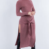 Front Tie Midi Knit Long Sleeve Dress