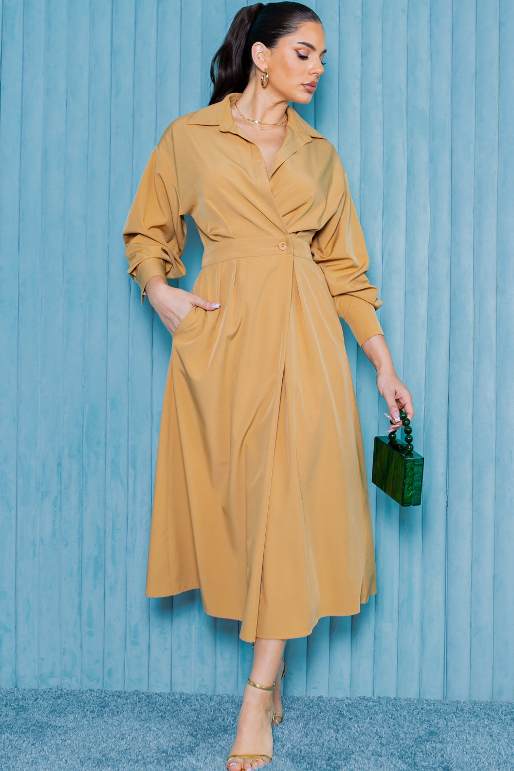 collared wrap midi dress LEATHER COLLAR WRAP MIDI DRESS BEIGE