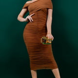 Ruched Off Shoulder Mesh Midi Dress