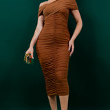 Ruched Off Shoulder Mesh Midi Dress