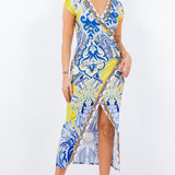 Side ruched v-neck midi dress with stretchy fabric