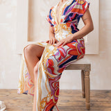 Deep V-neck Pleats Midi Dress