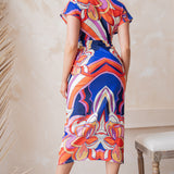 Deep V-neck Pleats Midi Dress