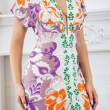 Deep V-neck Pleats Midi Dress