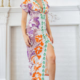 Deep V-neck Pleats Midi Dress