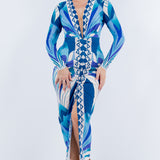 PLUNGE NECK LONG SLEEVE MIDI DRESS