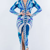 PLUNGE NECK LONG SLEEVE MIDI DRESS
