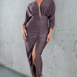 V-neck Long Sleeve Midi Dress