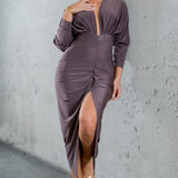 V-neck Long Sleeve Midi Dress