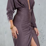 V-neck Long Sleeve Midi Dress