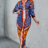 PLUNGE NECK LONG SLEEVE MIDI DRESS