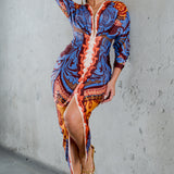 PLUNGE NECK LONG SLEEVE MIDI DRESS