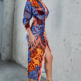 PLUNGE NECK LONG SLEEVE MIDI DRESS