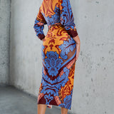PLUNGE NECK LONG SLEEVE MIDI DRESS