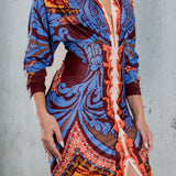 PLUNGE NECK LONG SLEEVE MIDI DRESS