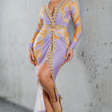 Knot Front Long Sleeve Midi Dress