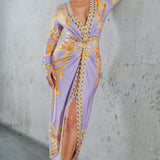 Knot Front Long Sleeve Midi Dress
