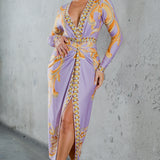 Knot Front Long Sleeve Midi Dress