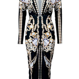 JEWELRY PRINT LONG SLEEVE MIDI DRESS