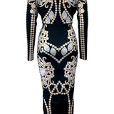 JEWELRY PRINT LONG SLEEVE MIDI DRESS