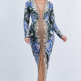 DEEP V NECK LONG SLEEVE MIDI DRESS