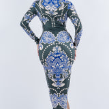 DEEP V NECK LONG SLEEVE MIDI DRESS