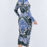 DEEP V NECK LONG SLEEVE MIDI DRESS