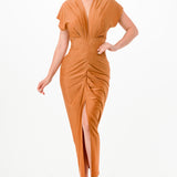 Solid deep V-neck pleats midi dress