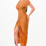 Solid deep V-neck pleats midi dress