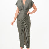 Solid deep V-neck pleats midi dress