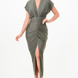 Solid deep V-neck pleats midi dress