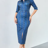 Denim Effect Button Down Midi Dress