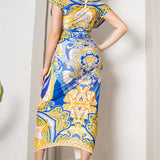Deep V-neck Pleats Midi Dress