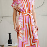 Ruched Shoulder Button Down Midi Dress