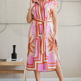 Ruched Shoulder Button Down Midi Dress