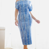 Denim Print Dolman Sleeve Midi Dress