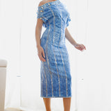 Denim Print Dolman Sleeve Midi Dress