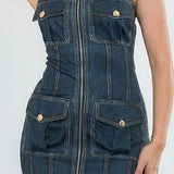 Patch Pocket Strapless Midi Dress
