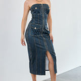 Patch Pocket Strapless Midi Dress