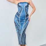 Denim Print Tube Maxi Dress