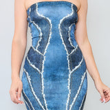 Denim Print Tube Maxi Dress