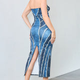 Denim Print Tube Maxi Dress