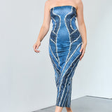 Denim Print Tube Maxi Dress