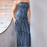 Denim Print Tube Maxi Dress