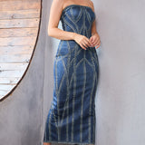 Denim Print Tube Maxi Dress